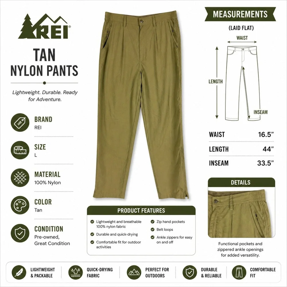 REI Co-op Mens Pleated Hiking Pants Tan Khaki Outdoor Trekking Ankle Zip L‎